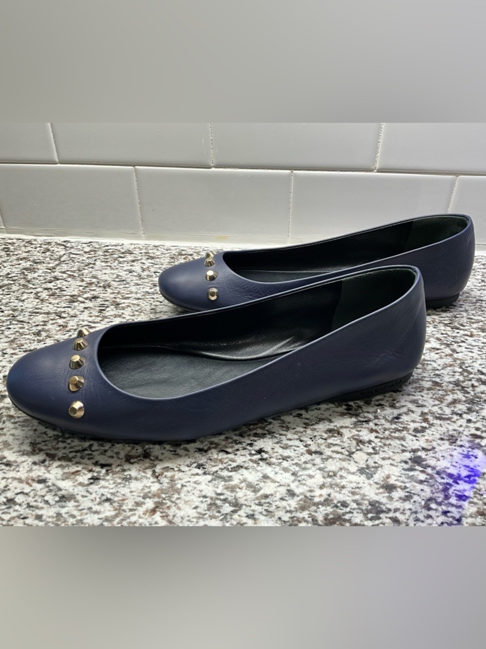 Balenciaga Navy Blue Leather Studded Ballerina Flats 37.5 Gold Hardware - Picture 6 of 8